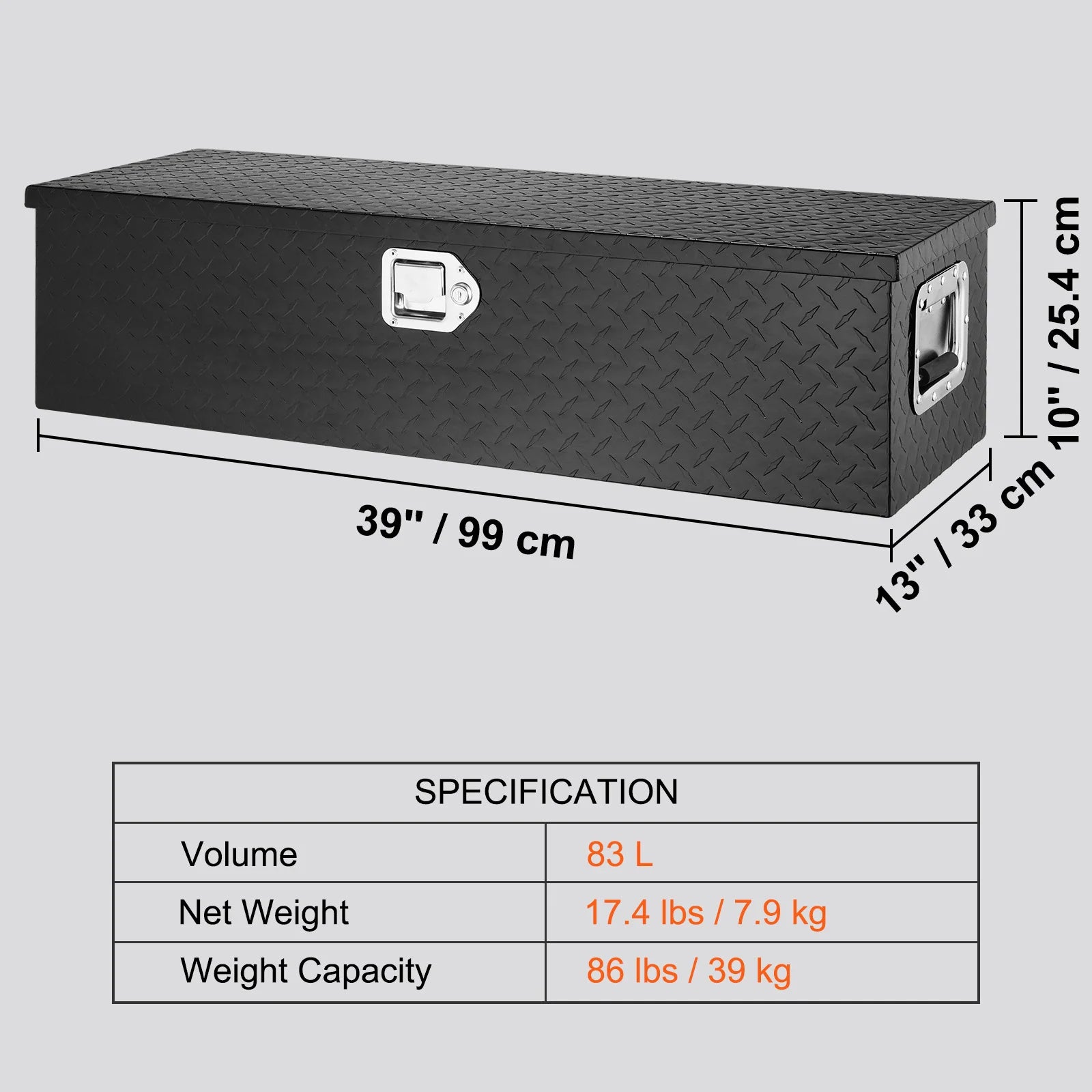 Heavy Duty Aluminum Truck Bed Tool Box, Diamond Plate Tool Box with Side Handle and Lock Keys for Pickup, Truck Bed, RV
