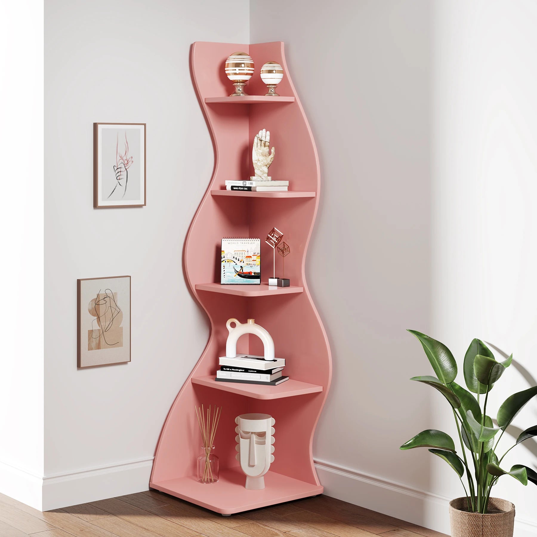 Corner Shelf, Modern 5-Tier Wall Corner Bookshelf, Stylish Corner Small Bookcase Storage Rack Plant Stand