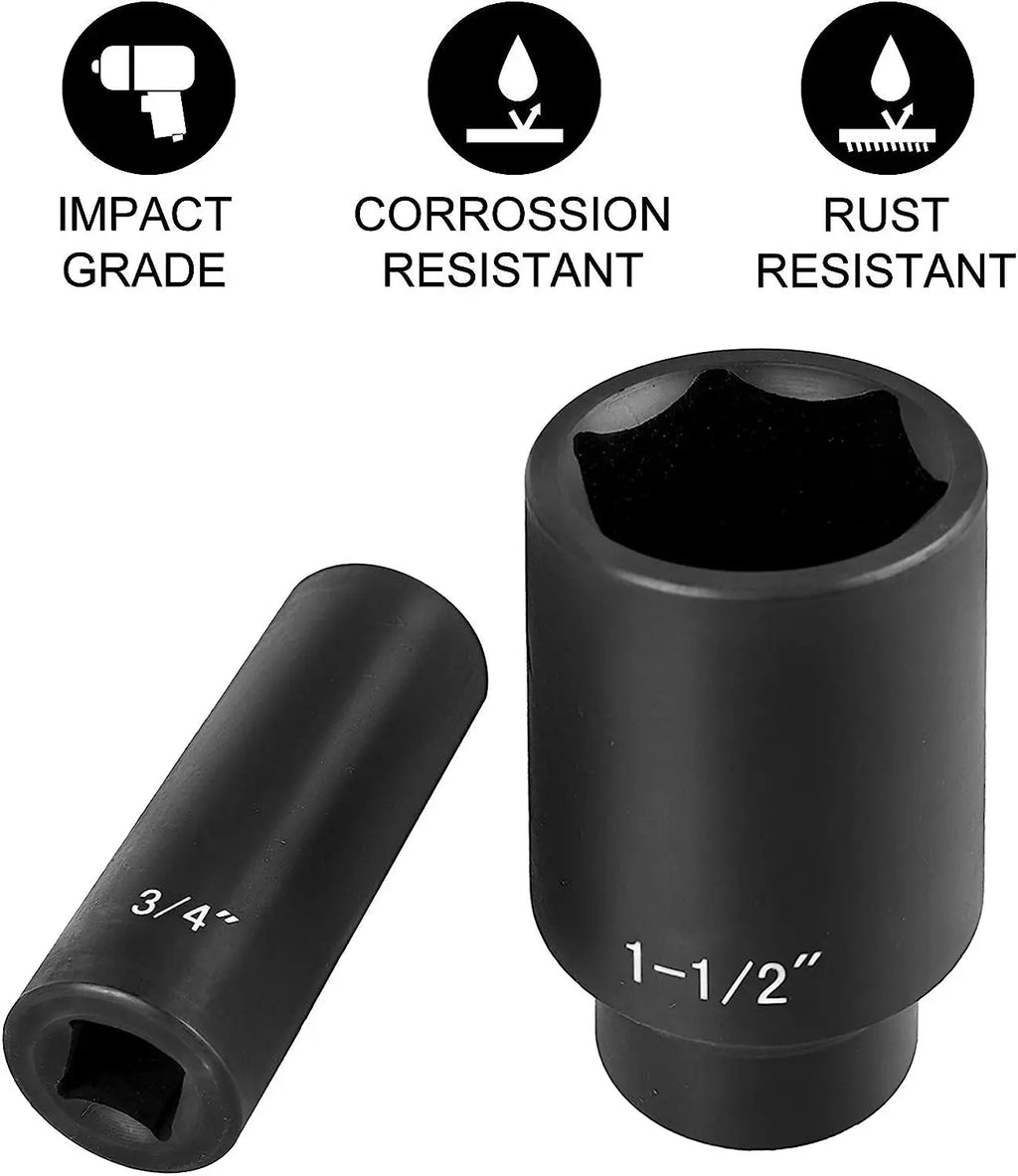 Impact Socket Set 1/2" Impact Sockets Deep Socket 6-Point Sockets 1/2 Inches Drive Socket Impact 3/8 inch 1-1/2 inch