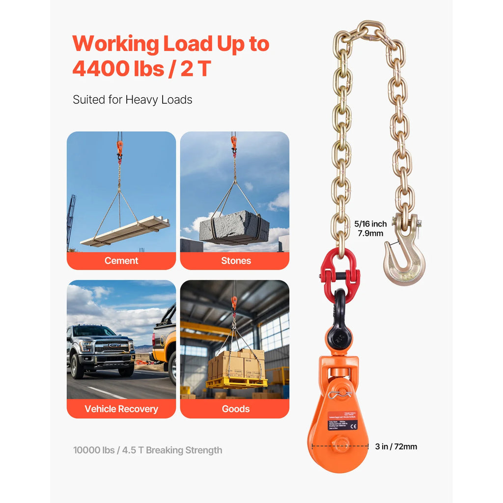 2T Snatch Block Pulley System with G80 Chain & Swivel Shackle 3"Sheave for 3/8" Rope Towing Recovery on Truck Rollback