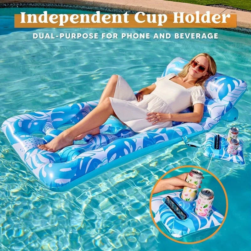 Adjustable Backrest Pool Floats-Tropical Leaves Pool Lounger Floaties Adults with Cup Holders Inflatable Tanning Float