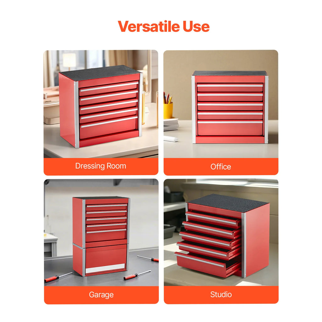 5-Drawer 8.6in Metal Tool Box Red/Black Portable Small Tool Chest with PP Feet Pads for Garage Workshop Tools Storage