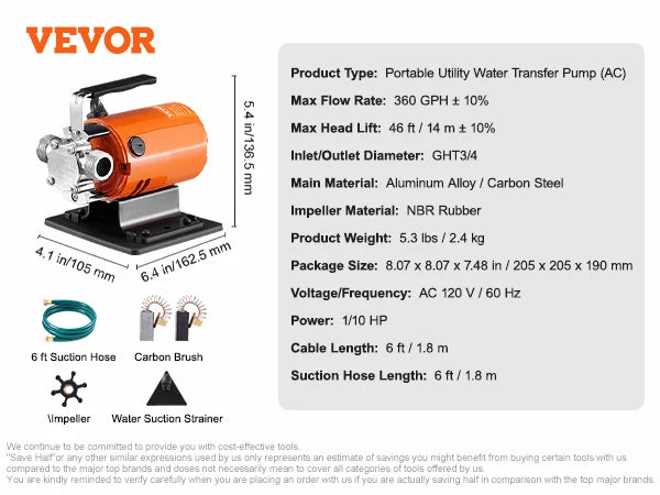 Water Transfer Pump 120V AC 360GPH 1/10 HP Portable Electric Utility Pump for Garden, Rain Barrel, Pool, Pond, Aquarium