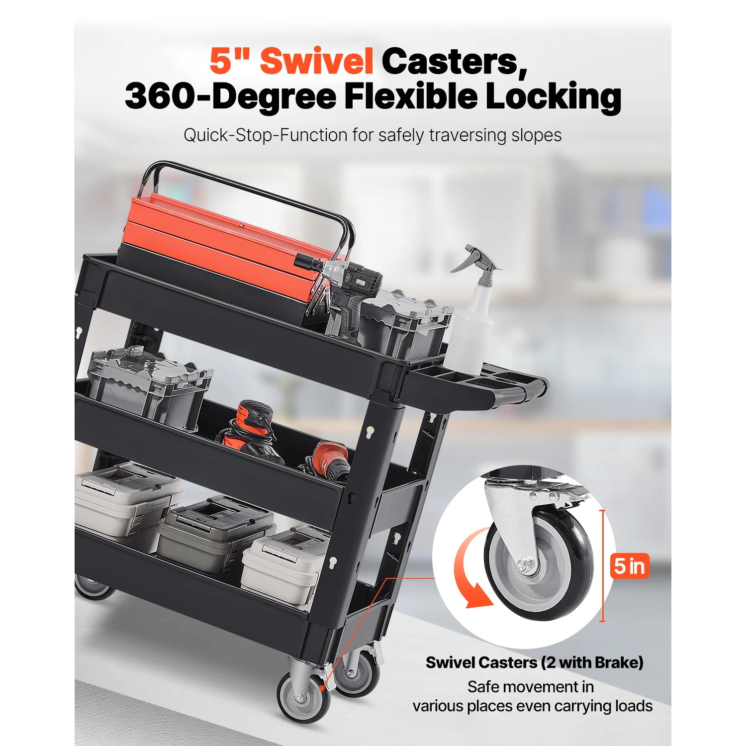 2/3 Shelf Utility Service Cart Dolly with 360° Swivel Wheels Ergonomic Storage Handle for Warehouse/Garage/Cleaning