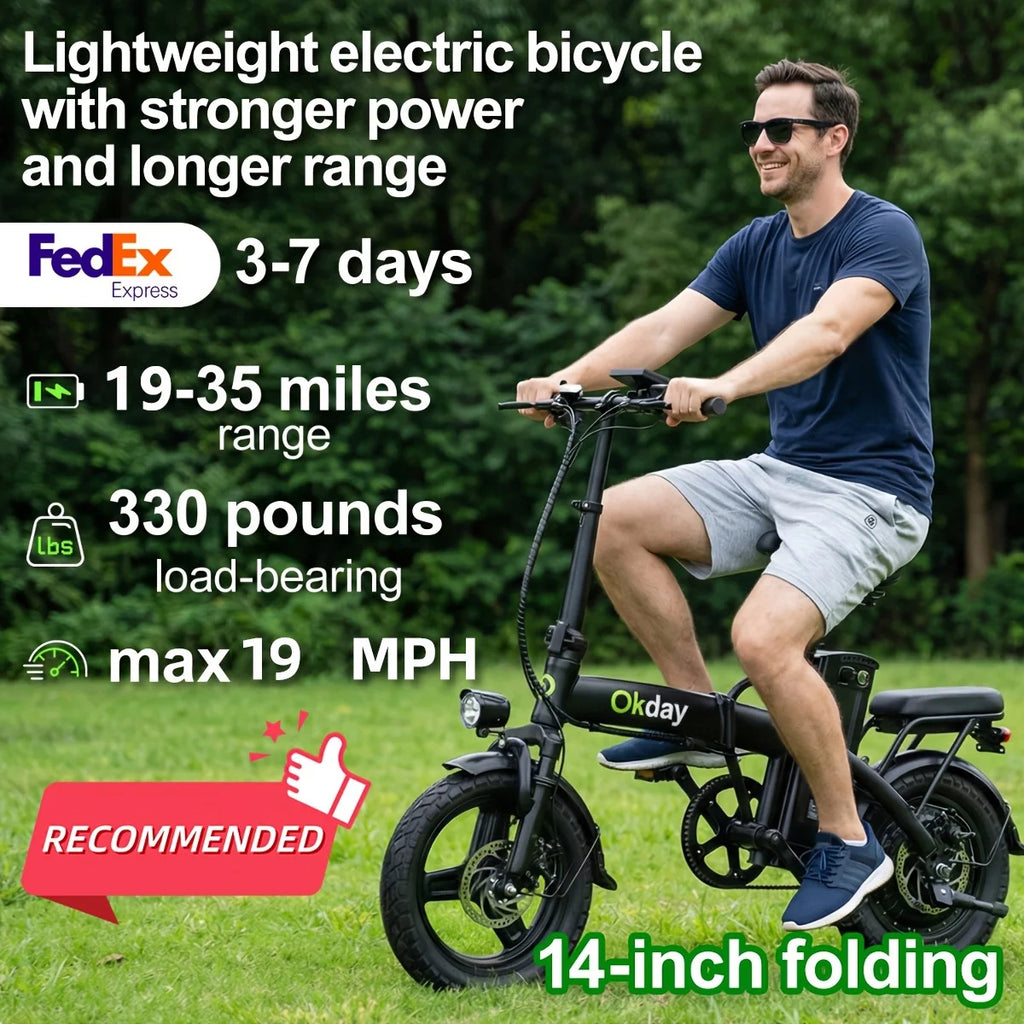 400W Foldable Electric Bike for Adults, 19 MPH, Long Range, 14" All-Terrain Tires, Dual Brakes,
