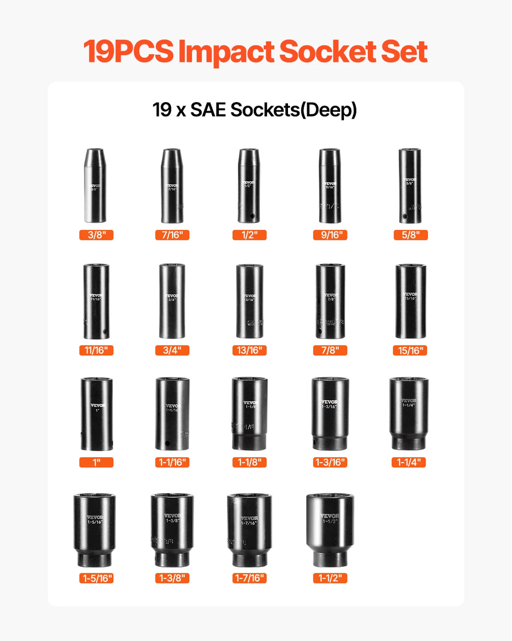 Impact Socket Set 1/2" Impact Sockets Deep Socket 6-Point Sockets 1/2 Inches Drive Socket Impact 3/8 inch 1-1/2 inch