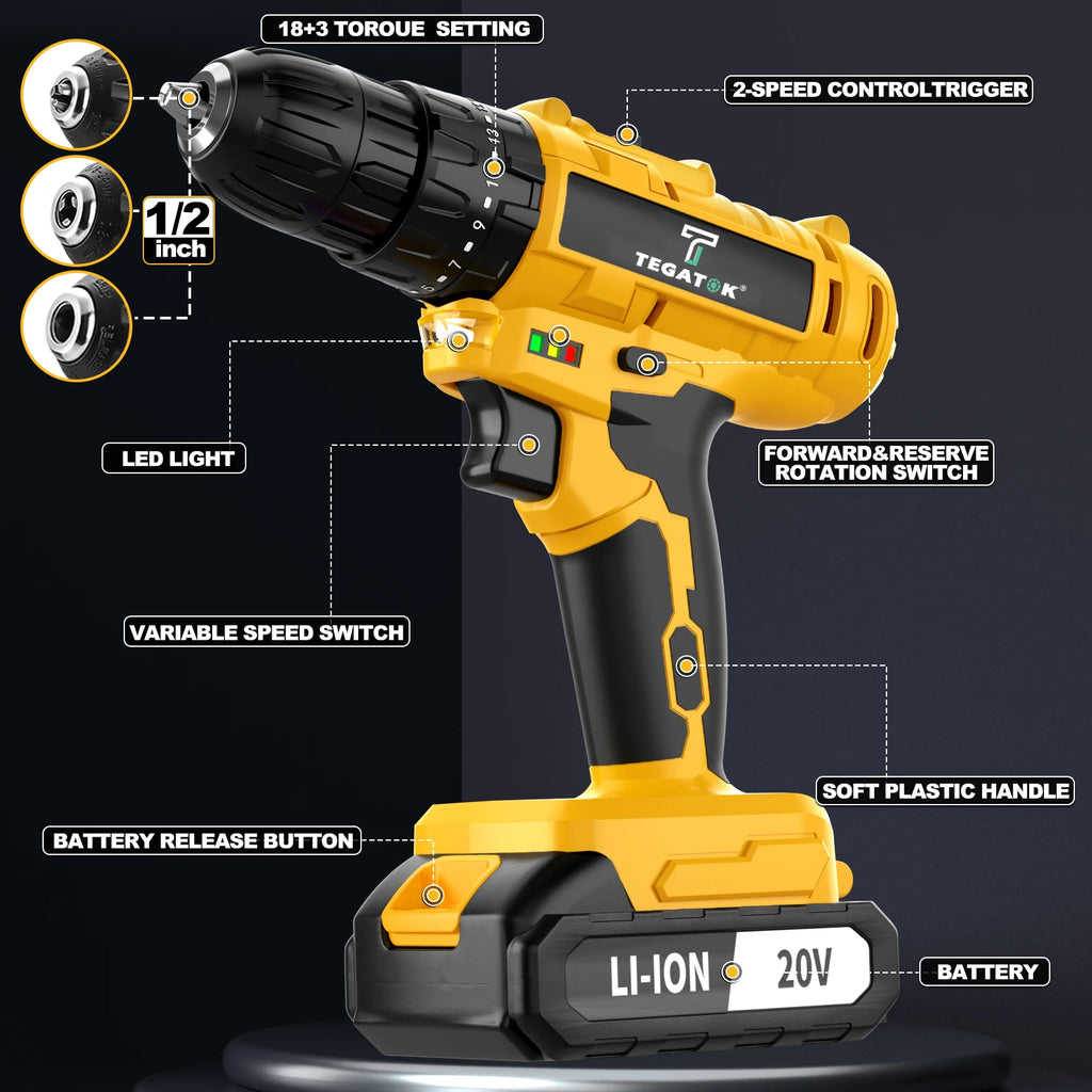 45N.M Electric Screwdriver 20+3 Household DIY Impact Drill LED Two Speed Electric Drilling Tool  20V Battery