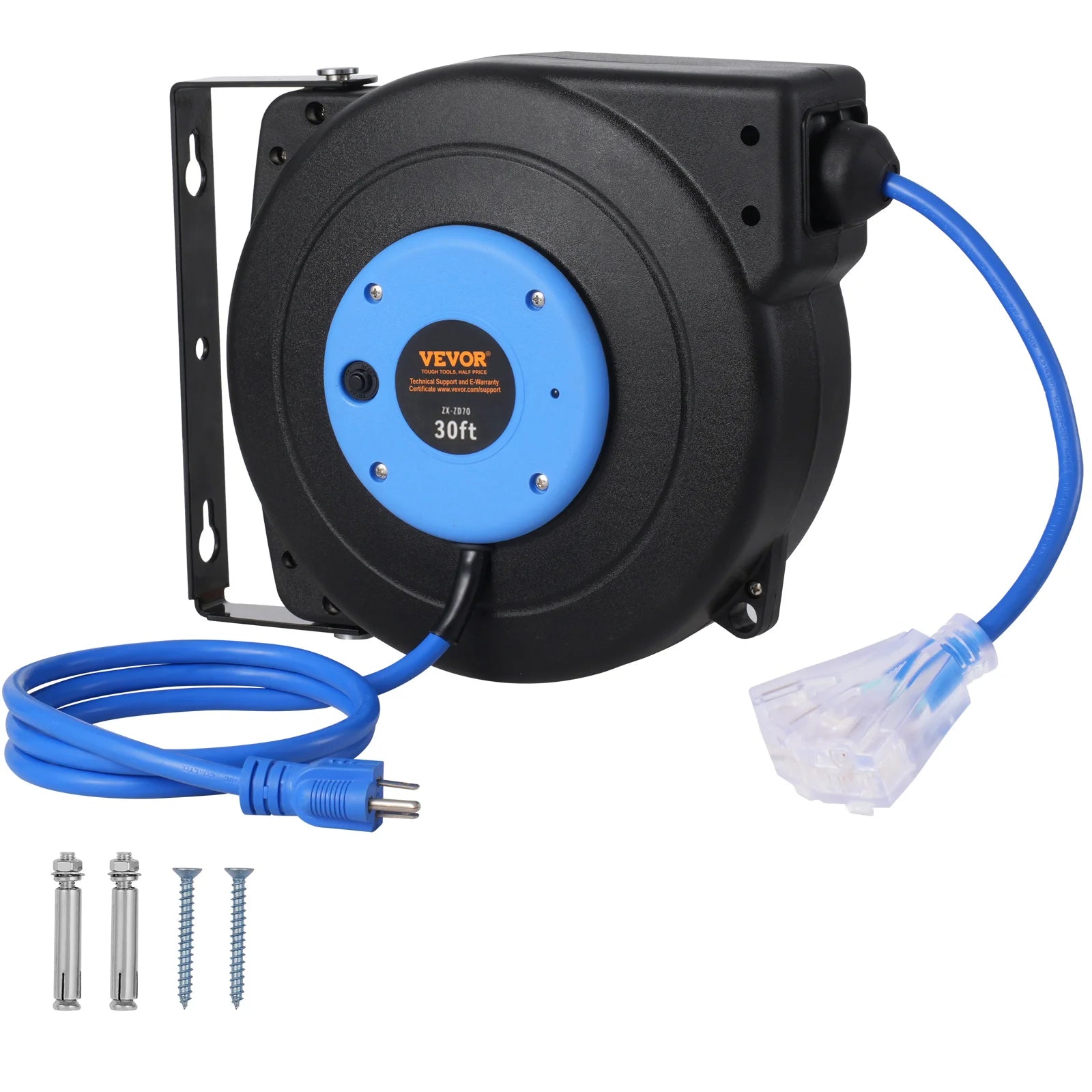 Retractable Extension Cord Reel 30FT Lighted Triple Tap Outlet 10 Amp Circuit Breaker 4.5FT Lead-in Cord Electrical Use