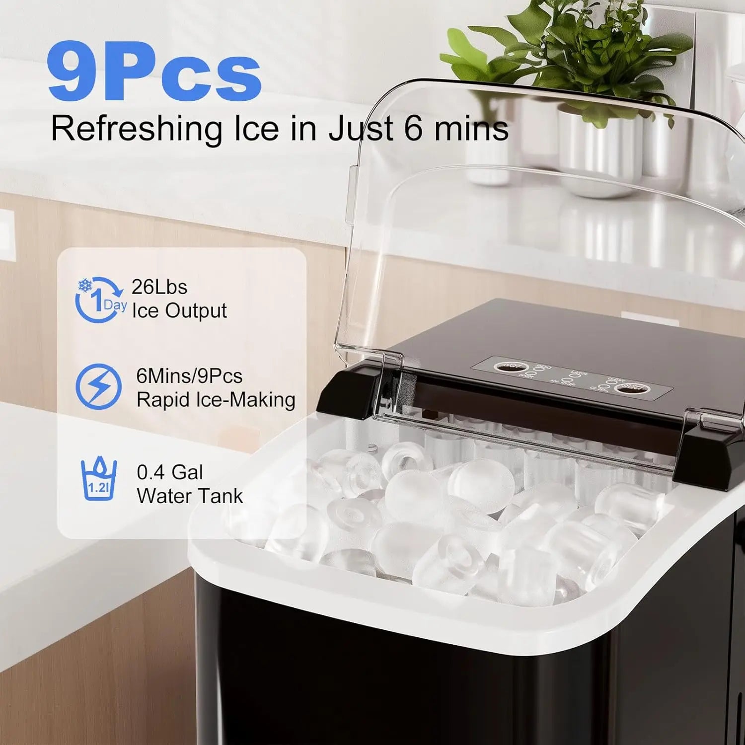 Portable Ice Maker Machine, 9 Cubes in 6 Mins, 26lbs Daily, Auto-Clean with Basket & Scoop for Home Kitchen RV Camping Black