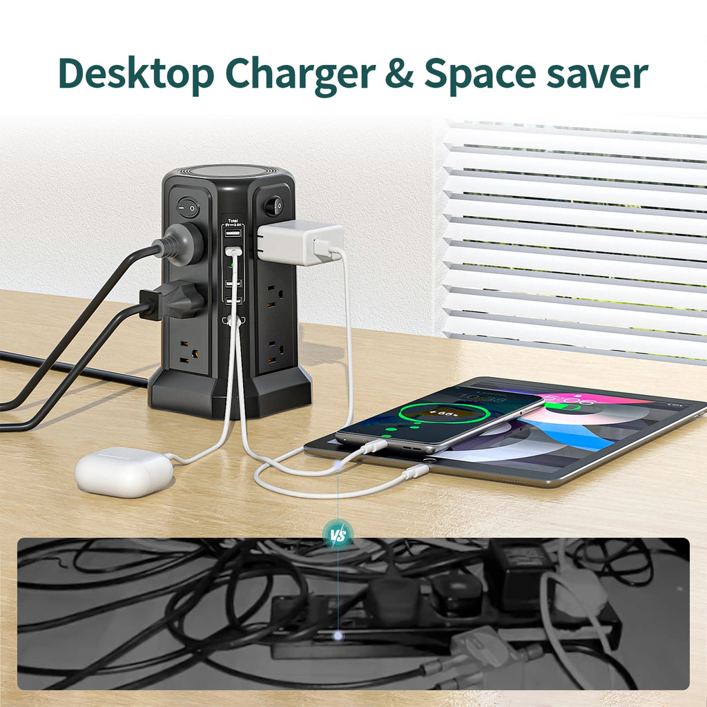 The tower power strip features 12 AC outlets and 5 USB ports (including 1 USB-C), equipped with a 1080J surge protector.