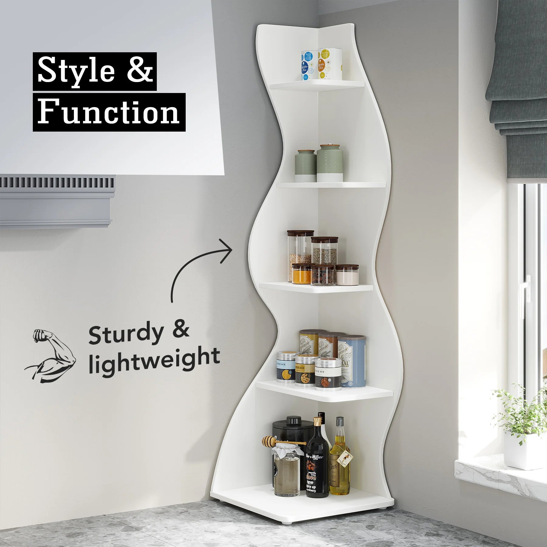 Corner Shelf, Modern 5-Tier Wall Corner Bookshelf, Stylish Corner Small Bookcase Storage Rack Plant Stand