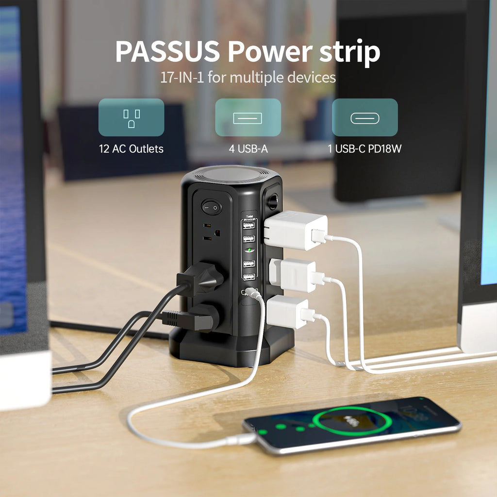 The tower power strip features 12 AC outlets and 5 USB ports (including 1 USB-C), equipped with a 1080J surge protector.