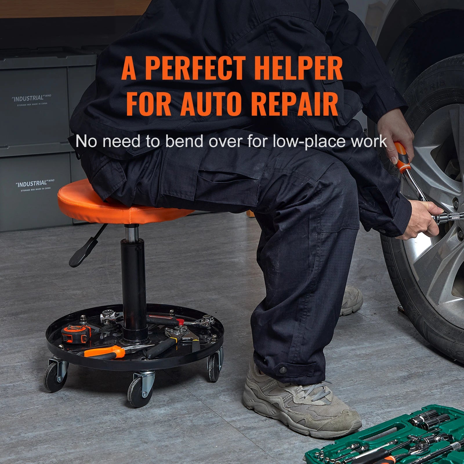 Mechanic Stool 250 LBS Rolling Pneumatic Creeper Garage/Shop Seat Padded Rolling Workshop Stool for Garage Auto Repair