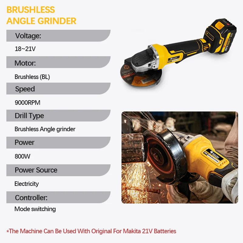 125mm Brushless Angle Grinder Cordless Metal Polishing Machine Cutting Woodworking Power Tool For Makita 21V Battery Pin