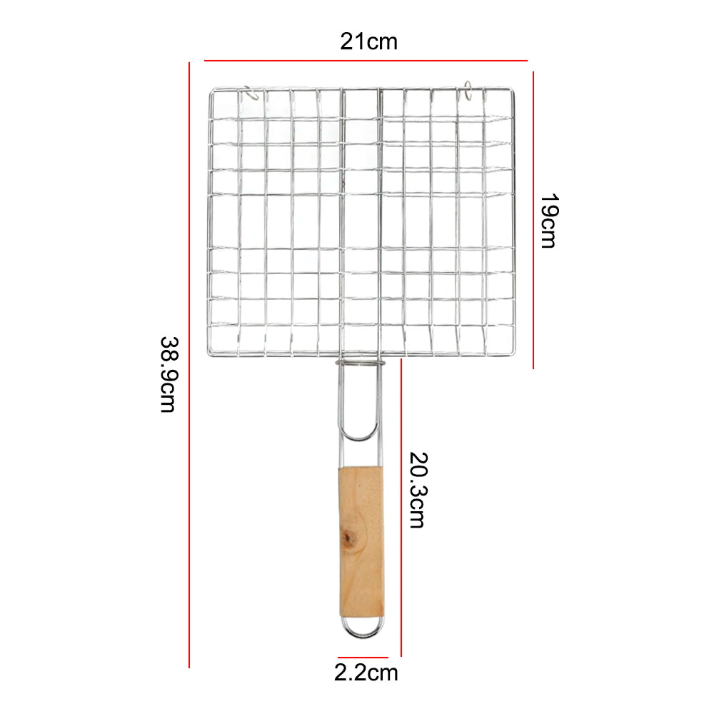 Barbecue Grilling Reusable Meat Fish Clip Holder Wooden Handle Stainless Steel Grill Mesh Foldable BBQ Grill Mat Grilling Basket