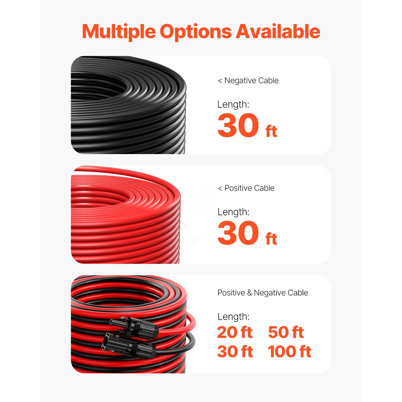 Solar Panel Extension Cable 20FT Black + 20FT Red / 30FT Black + 30FT Red / 50FT Black + 50FT Red / 100FT Black + 100FT Red 10AWG with Female & Male Waterproof Connectors 6mm² PV Cable for Home Ship