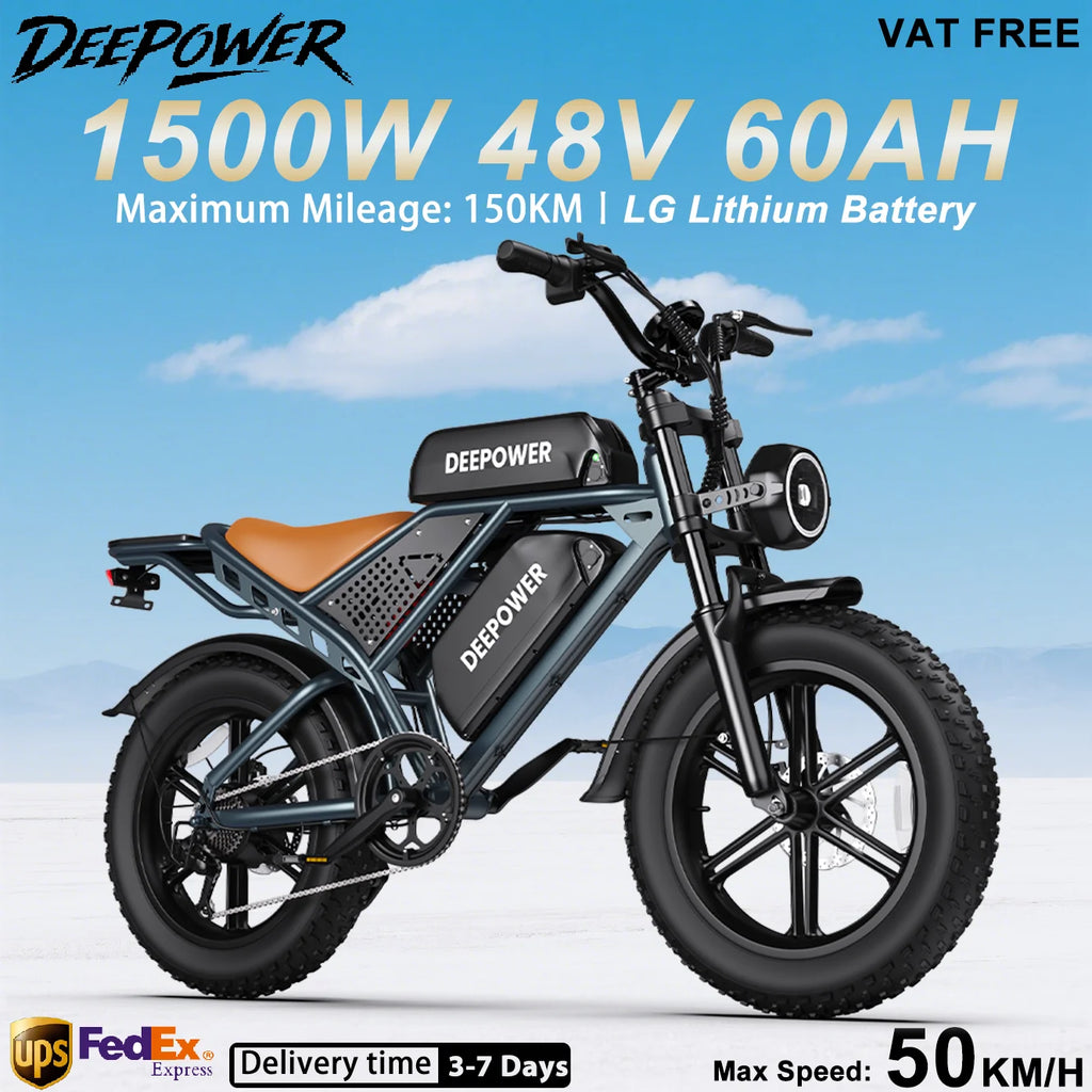 DEEPOWER QS7 Adult Electric Bike 1500W 48V 60Ah Dual Battery Off-Road Electric Bicycle 20 Inch Dual Suspension All-Terrain Ebike