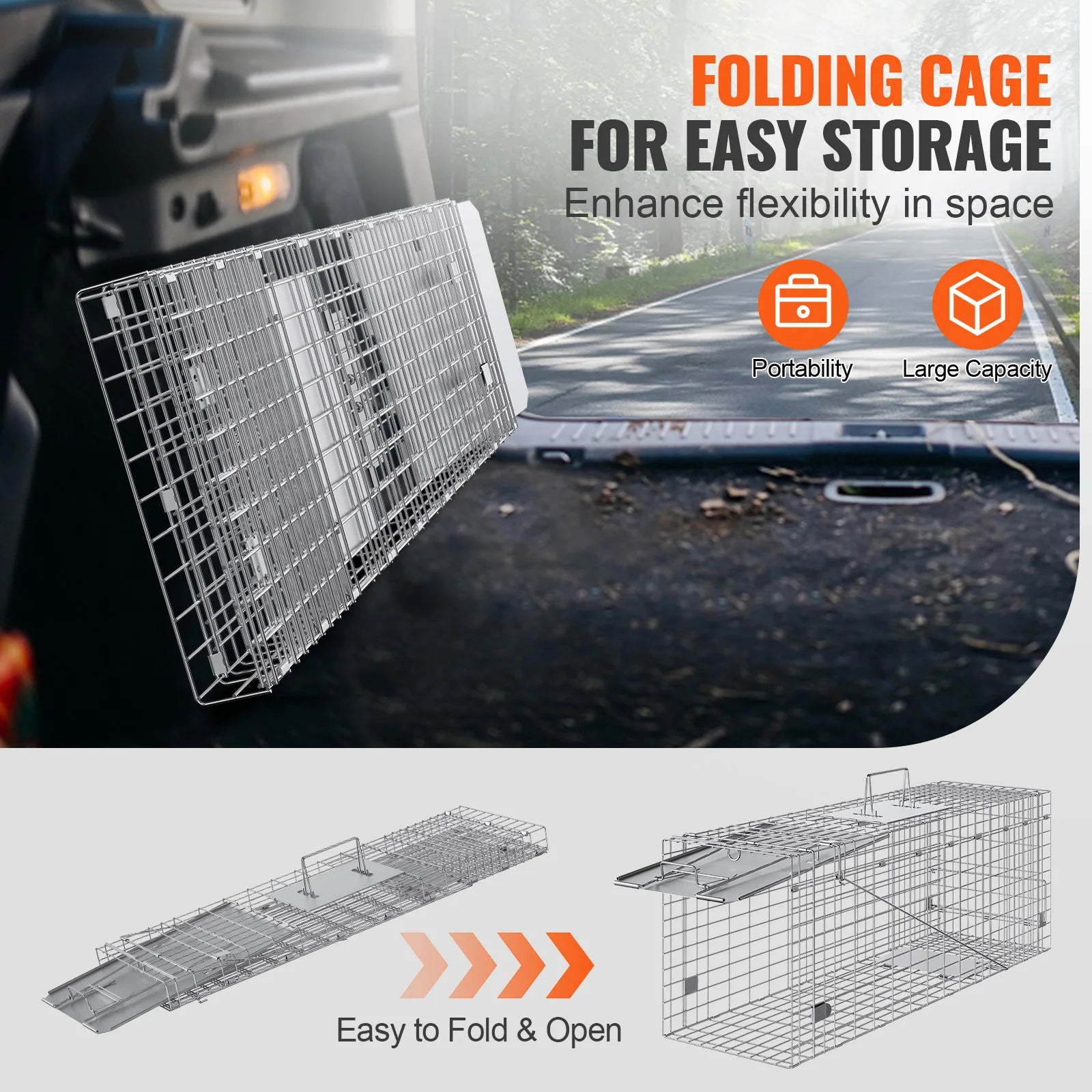 Live Animal Cage Trap Humane Cat Trap Galvanized Iron Folding Animal Trap with Handle for Rabbits Stray Cats Squirrels