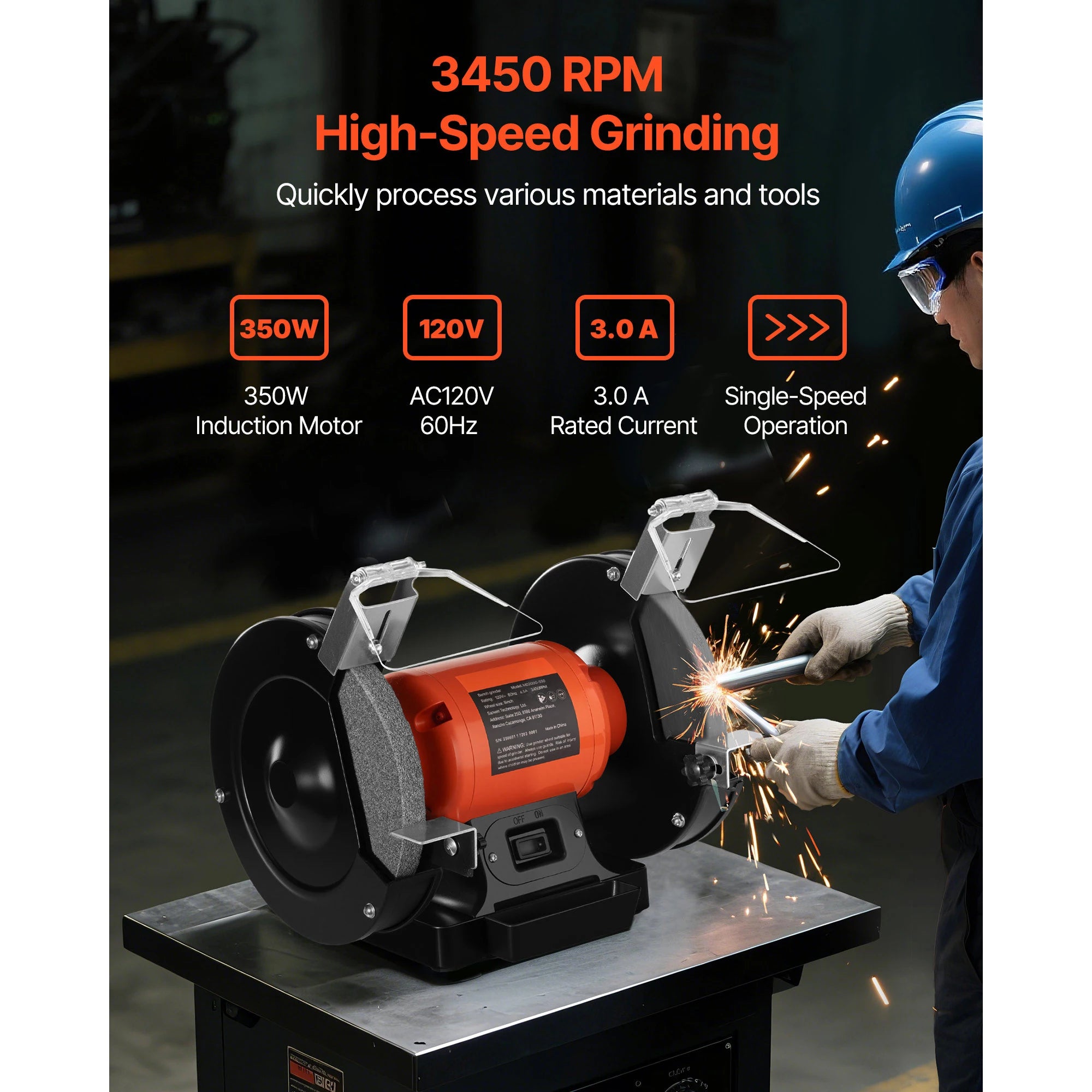 Bench Grinder 8-inch Single Speed Bench Grinder with Induction Motor Adjustable Eye Shield for Fast Sharpening Grinding