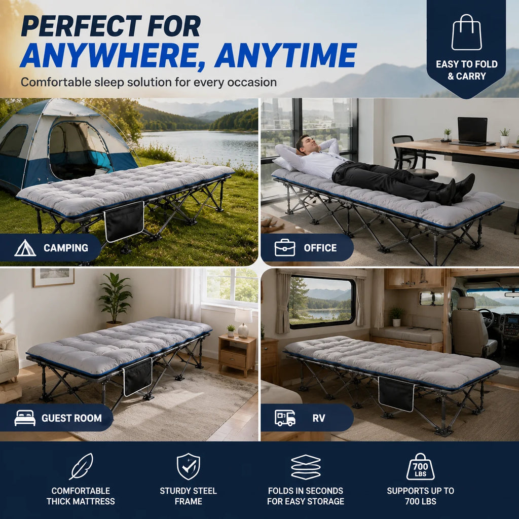 Portable Foldable Camping Cot with Thick Padded Mattress Comfortable Sleeping Bed with Sturdy Frame Compact Folding Guest Bed for Adults Easy Storage and Carrying for Outdoor Camping Travel Office Nap Patio Bedroom and Home U