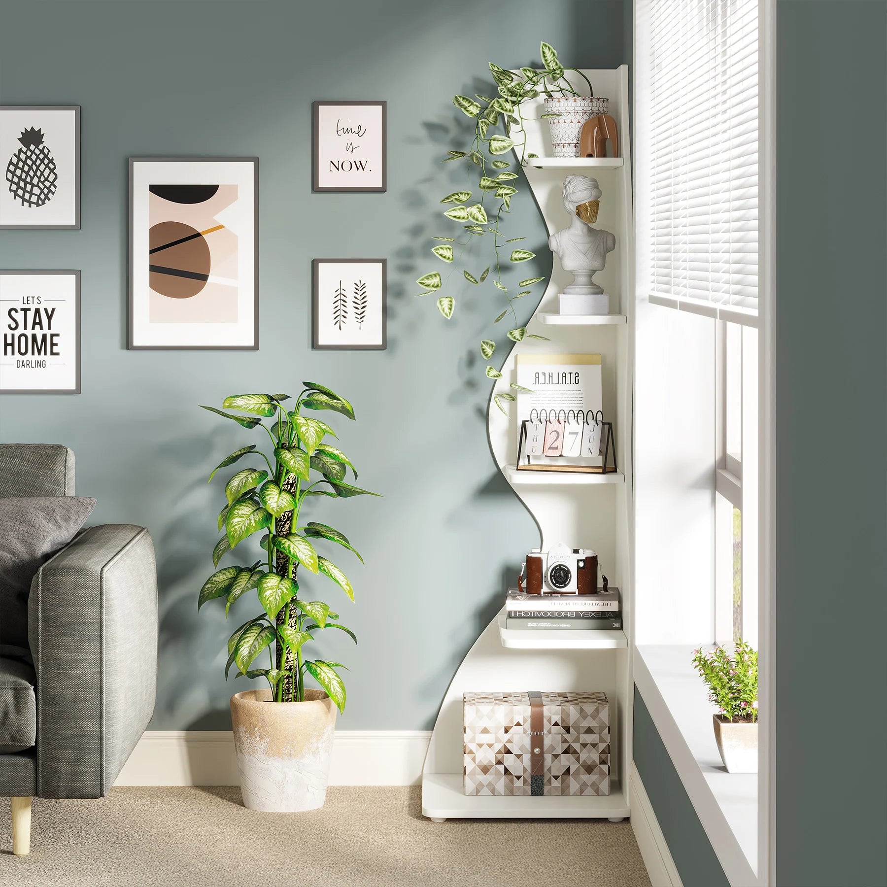 Corner Shelf, Modern 5-Tier Wall Corner Bookshelf, Stylish Corner Small Bookcase Storage Rack Plant Stand