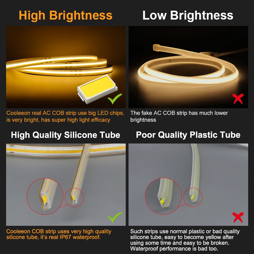 AC 110V 220V COB LED Strip Flexible Neon Light Bar IP67 Driverless High Bright 5m 10m 20m 30m 50m FOB COB Linear Tape LED CRI 90