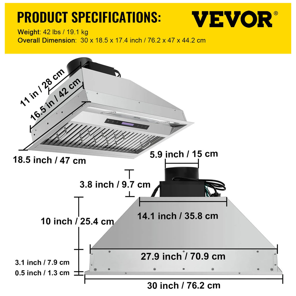Built-in Range Hood 800/900CFM 3/4-Speed 30/36 Inch Stainless Steel with LED Lights Baffle Filters Ducted Convertible