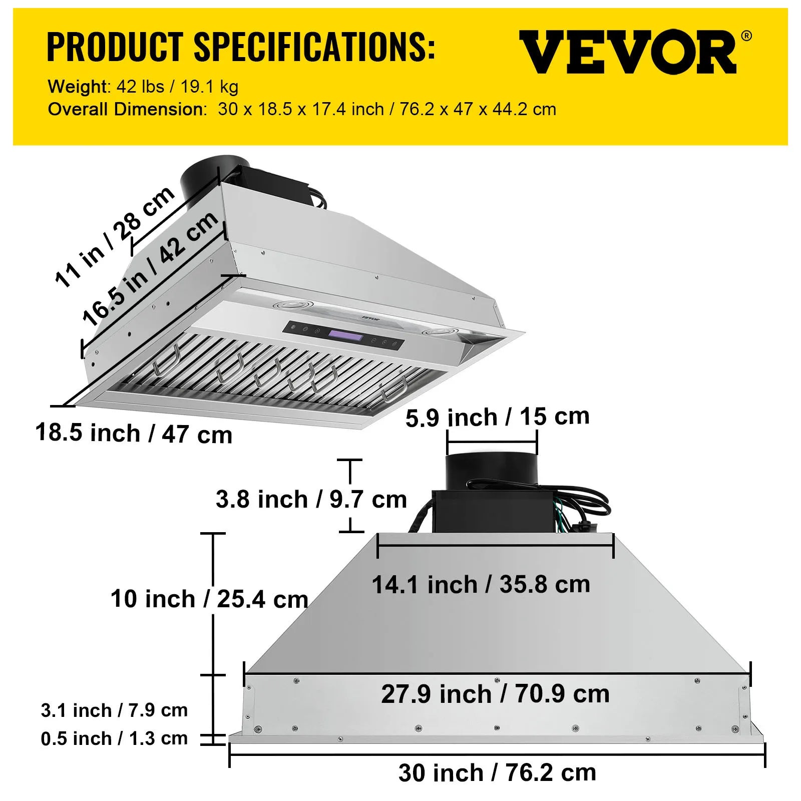 Built-in Range Hood 800/900CFM 3/4-Speed 30/36 Inch Stainless Steel with LED Lights Baffle Filters Ducted Convertible