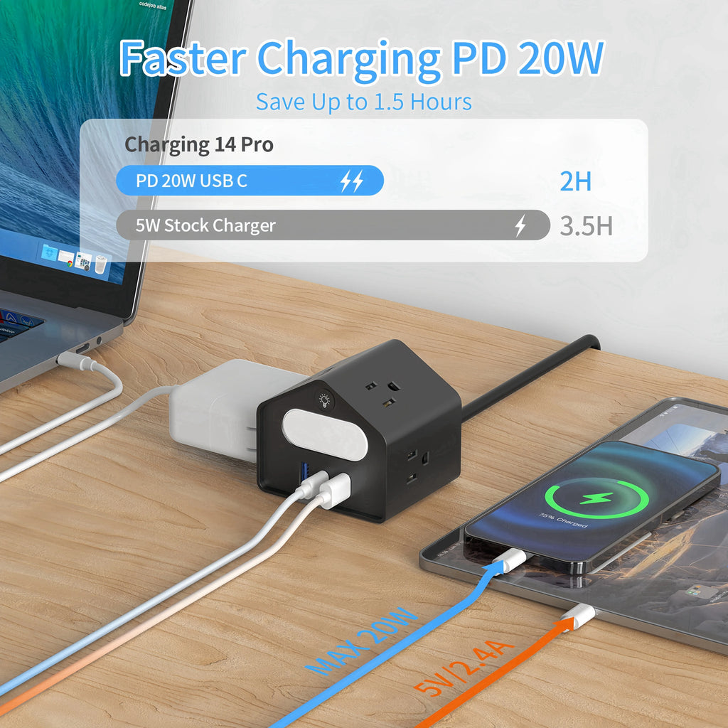 US-standard mini socket with PD18W fast charging, new and creative socket design, 2-meter extension cord, suitable for office,