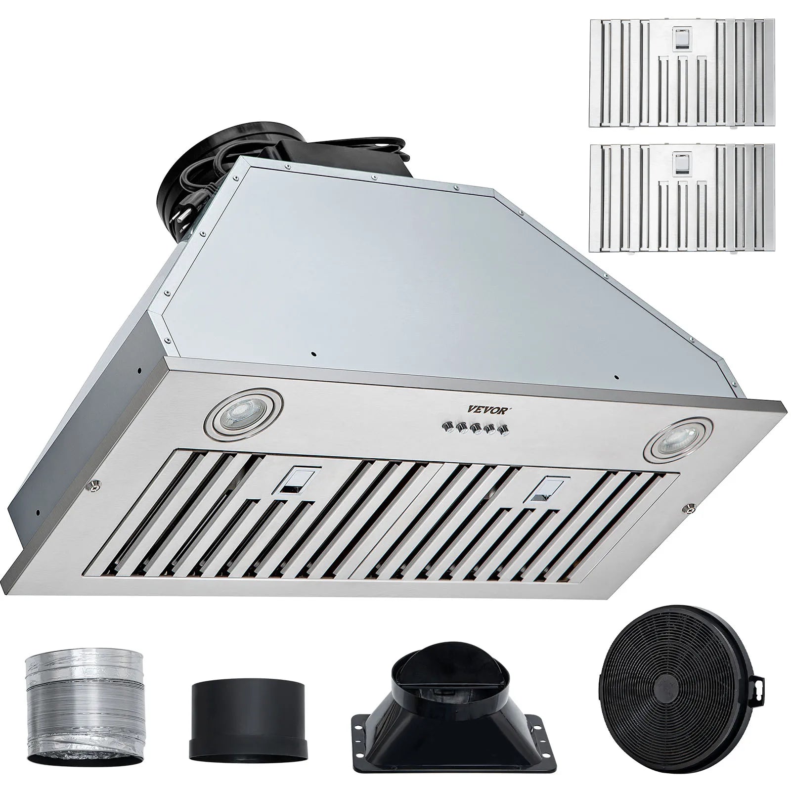 Built-in Range Hood 800/900CFM 3/4-Speed 30/36 Inch Stainless Steel with LED Lights Baffle Filters Ducted Convertible