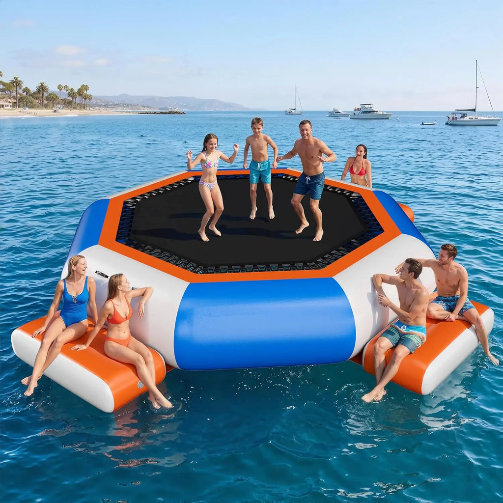 Inflatable Water Trampoline, 15FT Floating Water Bouncer with 3 Platforms, High Elastic Net, Durable PVC, Large, Customized