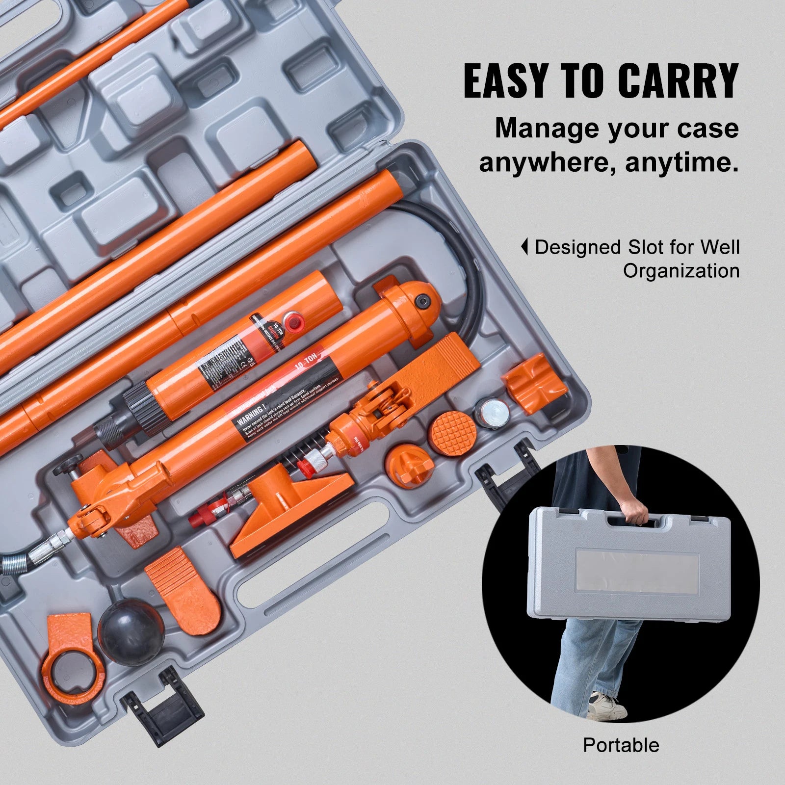 10/12T Porta Power Kit Portable Hydraulic Jack with 4.6 ft/1.4 m Oil Hose Auto Body Frame Repair Kit with Storage Case