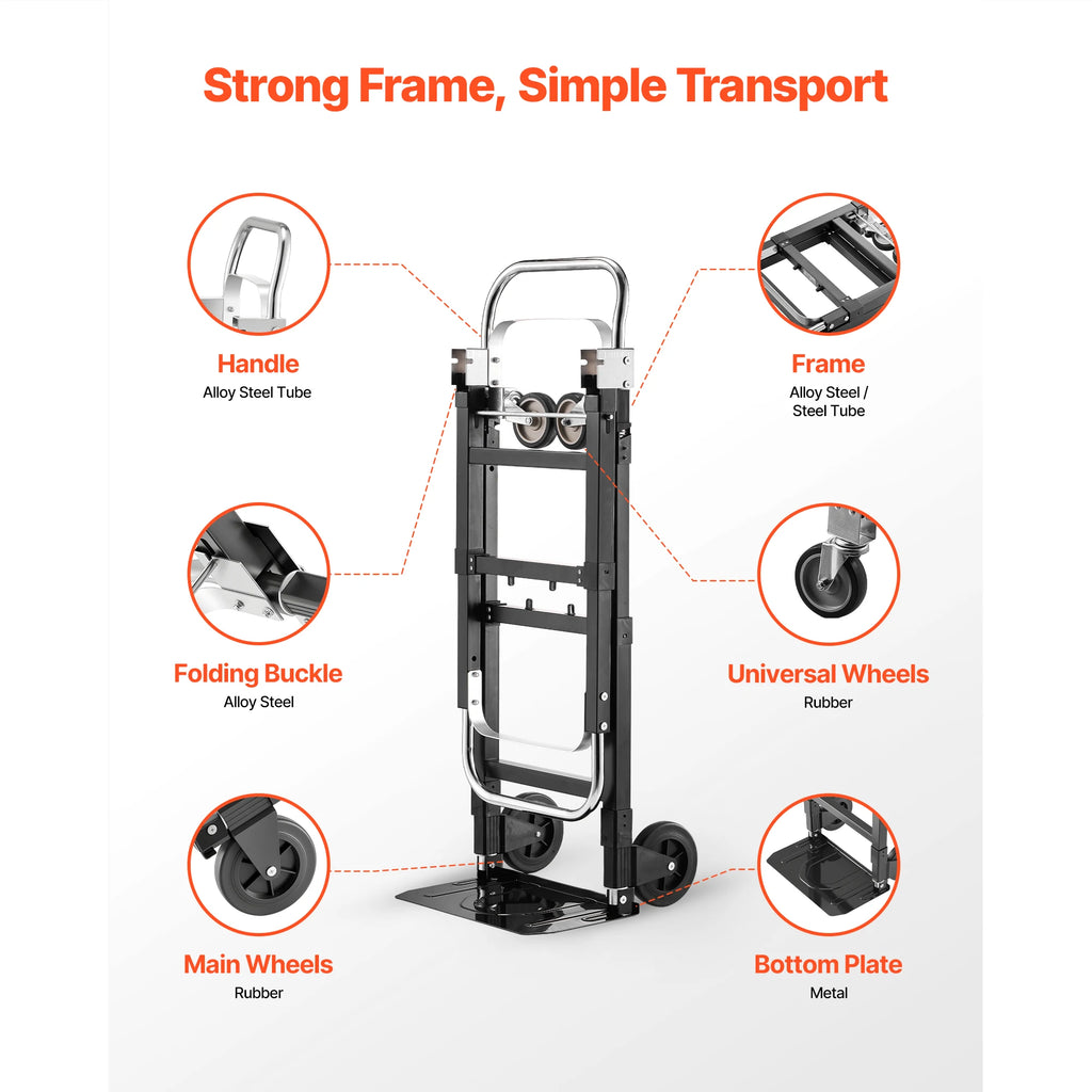 2 in 1 Folding Hand Truck 500lb Load Capacity for 4-Wheel Mode Convertible Hand Truck Dolly with Wheels for Moving Home