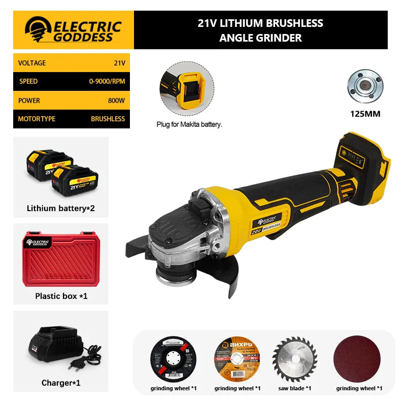 125mm Brushless Angle Grinder Cordless Metal Polishing Machine Cutting Woodworking Power Tool For Makita 21V Battery Pin