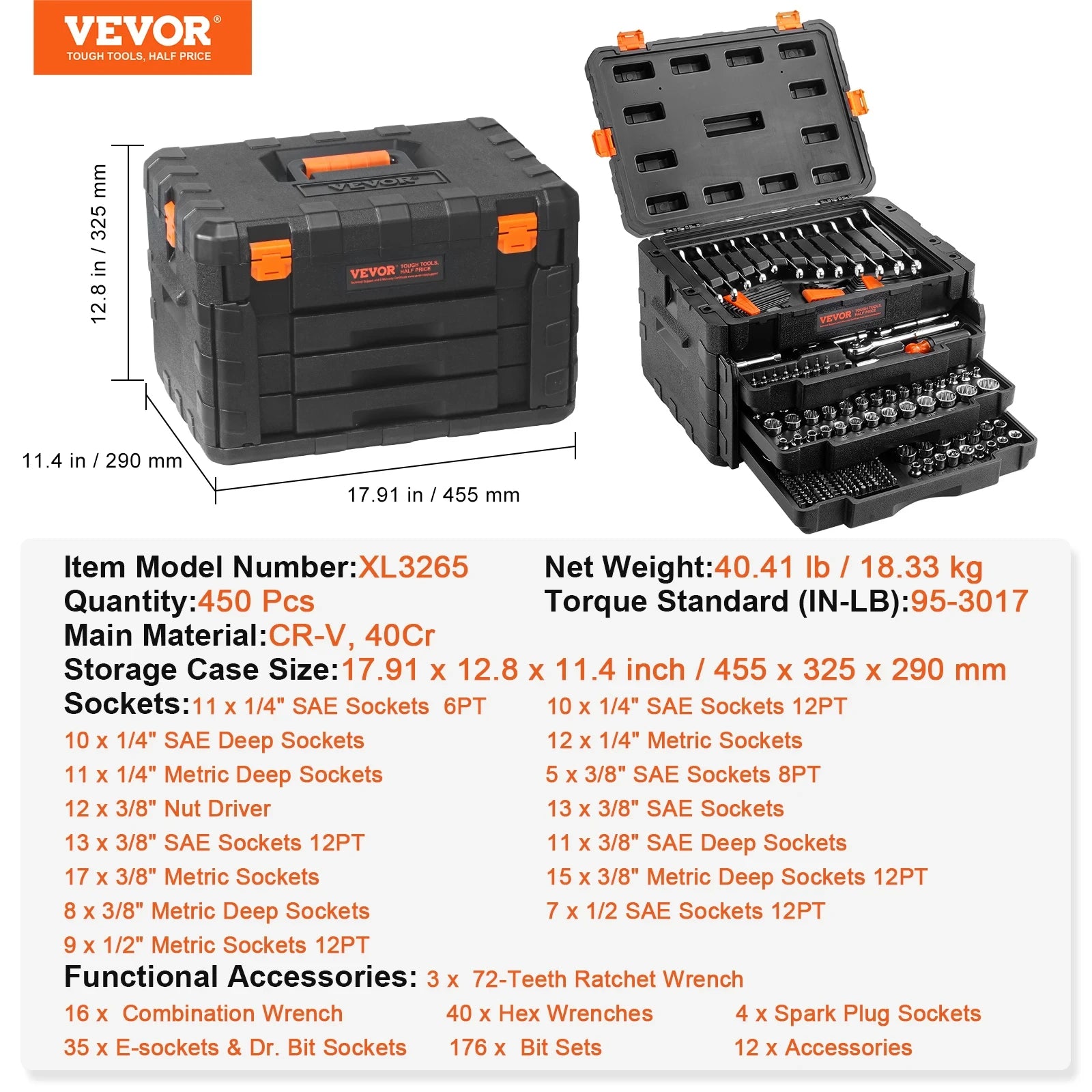 Mechanics Tool Set and Socket Set 1/4" 3/8" 1/2" Drive Deep Standard Sockets 450 Pcs SAE and Metric Mechanic Tool Kit