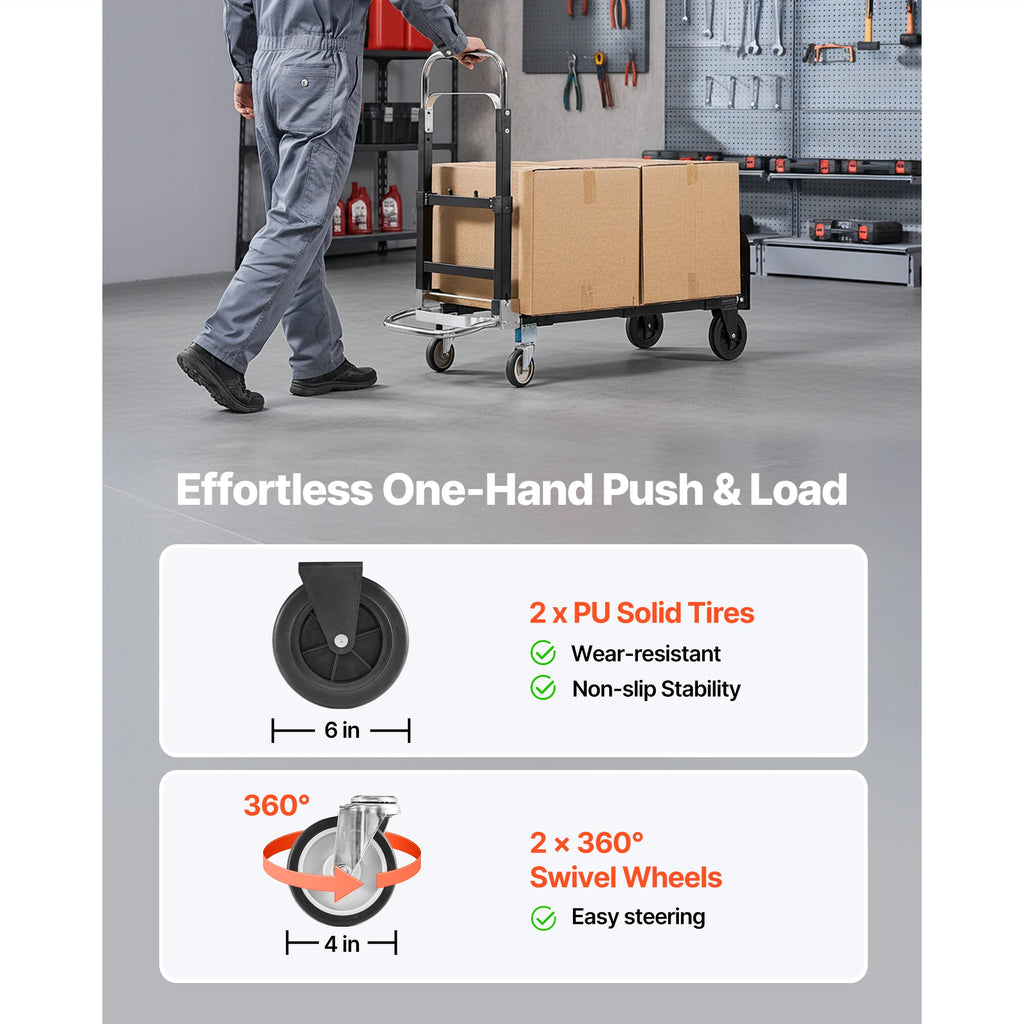 2 in 1 Folding Hand Truck 500lb Load Capacity for 4-Wheel Mode Convertible Hand Truck Dolly with Wheels for Moving Home