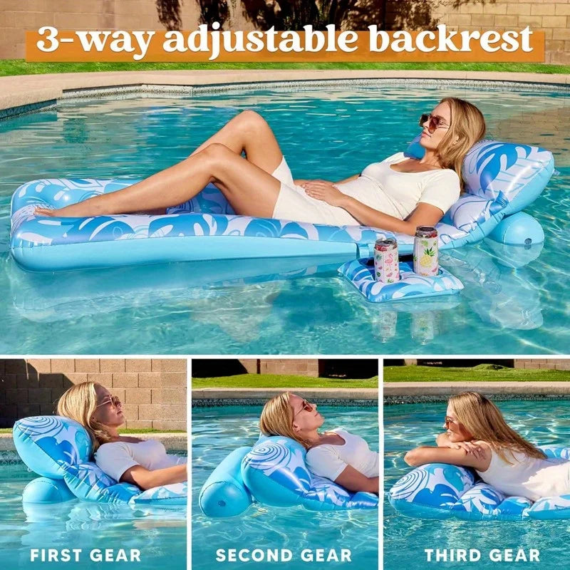 Adjustable Backrest Pool Floats-Tropical Leaves Pool Lounger Floaties Adults with Cup Holders Inflatable Tanning Float