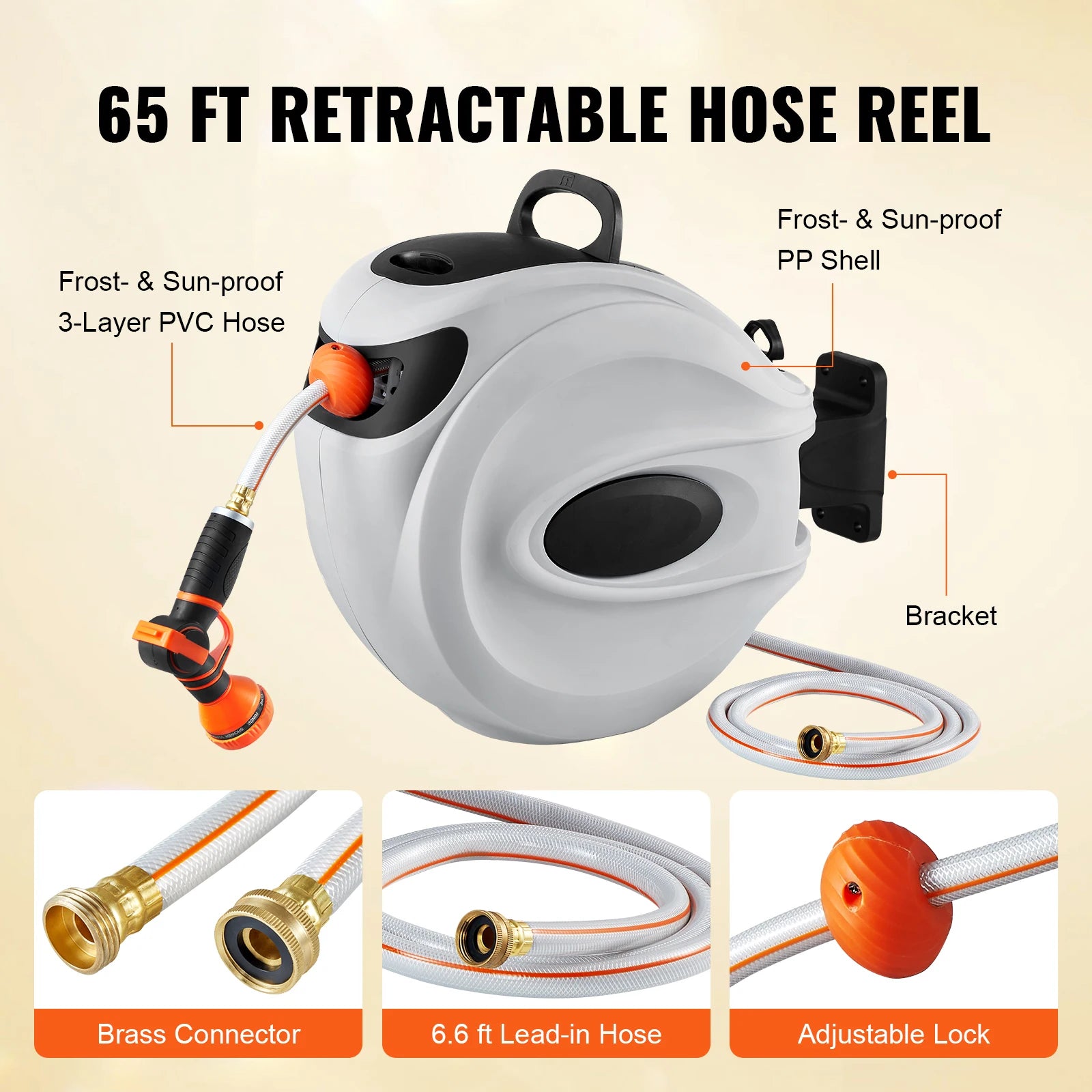 Retractable Hose Reel 180° Swivel Bracket Wall-Mounted Garden Water Hose Reel with 9-Pattern Nozzle Automatic Rewind
