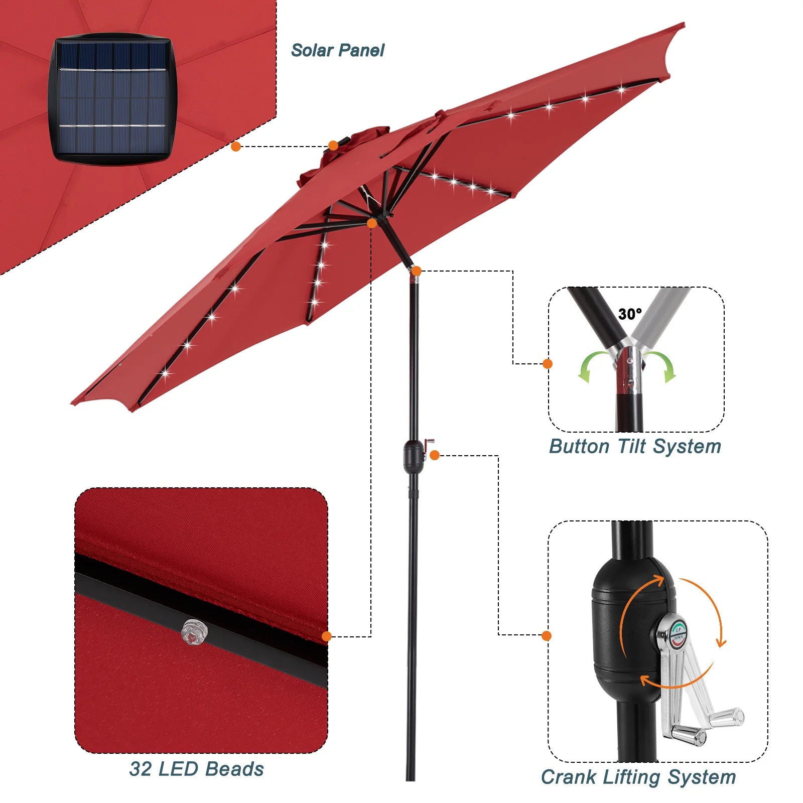 10FT Solar Patio Umbrella with 32 LED Lights UV-Resistant Outdoor Table Umbrella with Tilt and Crank for Backyard Garden