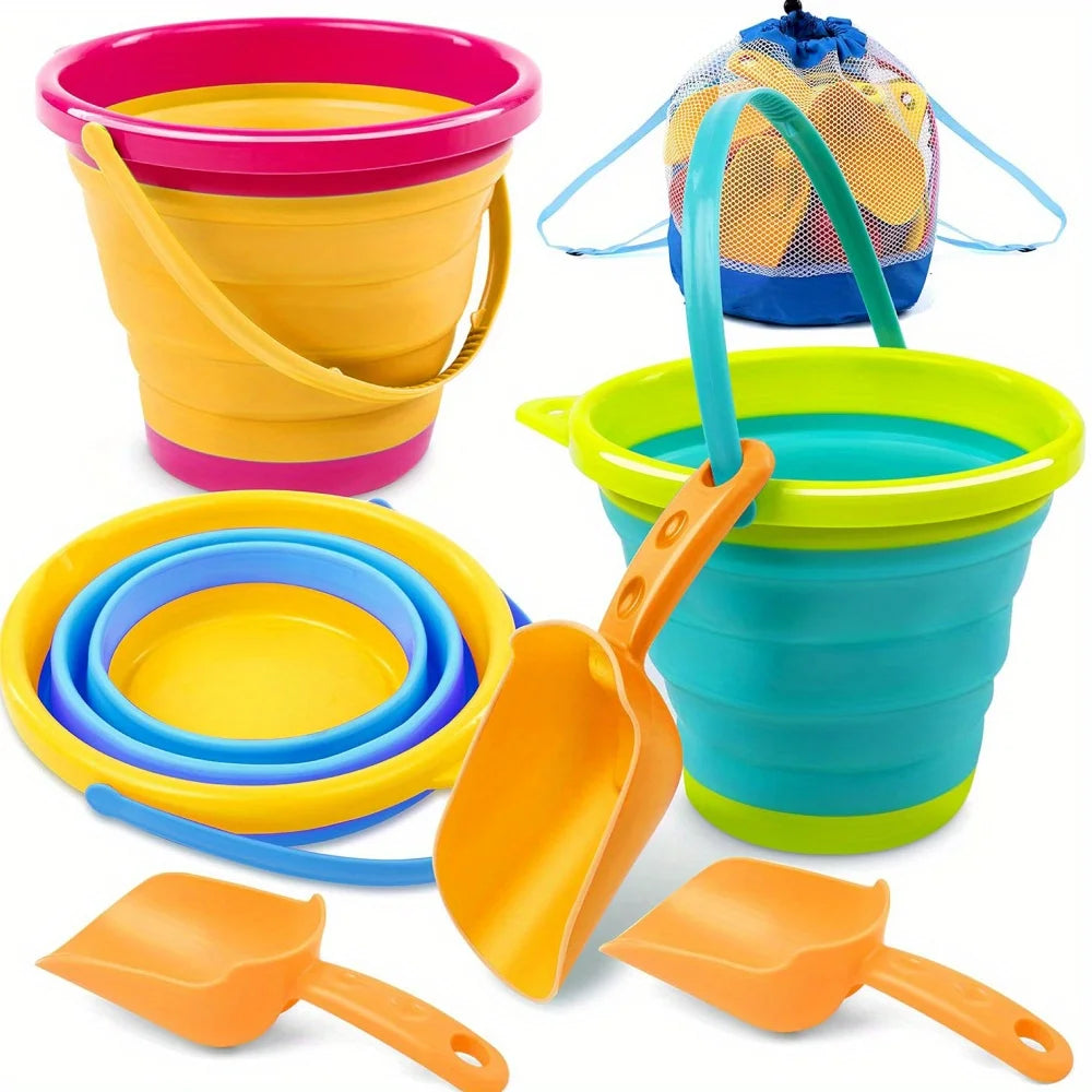 3 Packs Foldable Pail Bucket with Shovels Mesh Bag Collapsible Buckets Purpose for Beach Camping Gear Beach Party Fishing