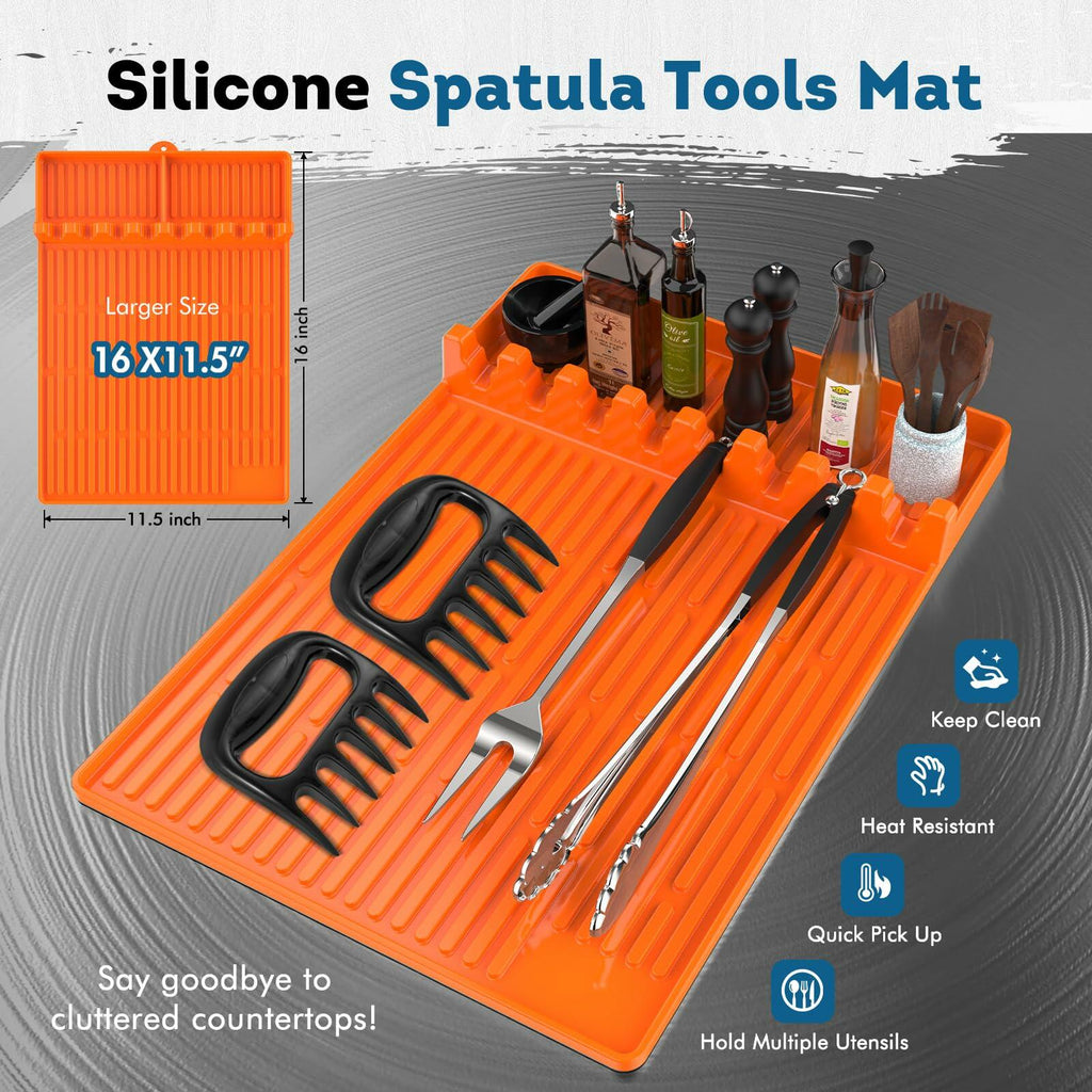 Glesalw Silicone Griddle Tool Mat & Meat Shredder Claws BBQ Set Orange